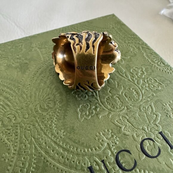 NEW Gucci Lion Head Gold Ring Blue Aquamarine Stone Size 23 IT 10.5 US - Picture 7 of 10